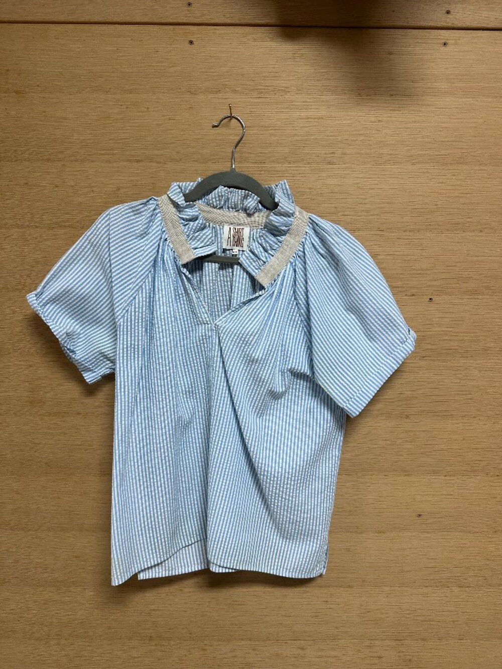 A Shirt Thing Blue & White Ruffle-Collar Blouse
